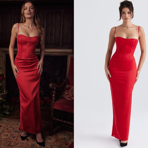 House of CB ‘Shani’ Red Satin Corset Maxi Dress NWT - Picture 3 of 13